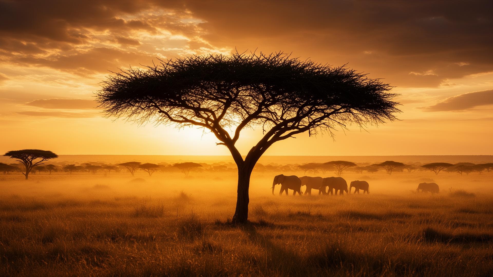 African savanna at golden hour with acacia tree and elephants
